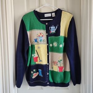 Vintage Alfred Dunner patchwork‎ cottagecore gardener navy blue cardigan Size M